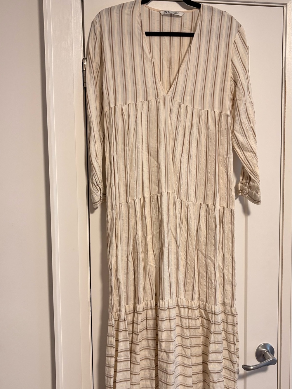 Zara Cream Dress with Tan & Light Gray Stripes - S